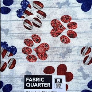 Precuts |  1yd 18″ x 21″ Paw Prints on White Patriotic Cotton Fabric Quarter 1pc